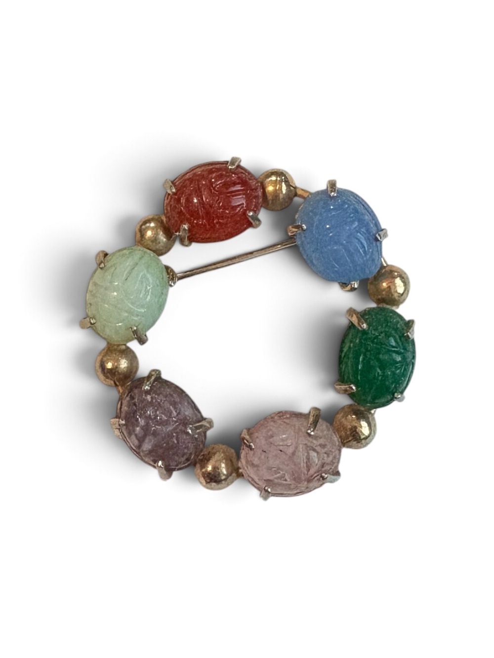 Vintage Style Multicolor Carved Glass Scarab Beetle Circle Brooch